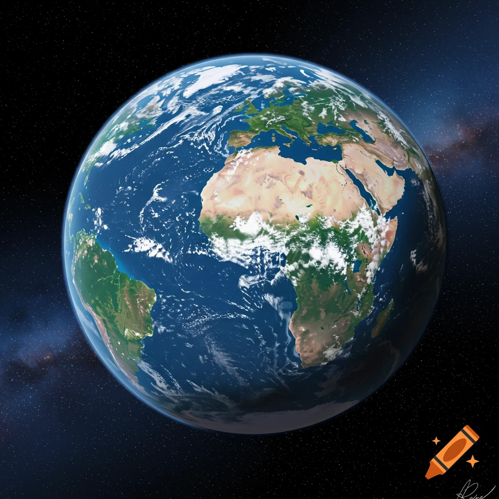 A realistic view of the Earth from space showing continents, clouds, oceans, and stars.