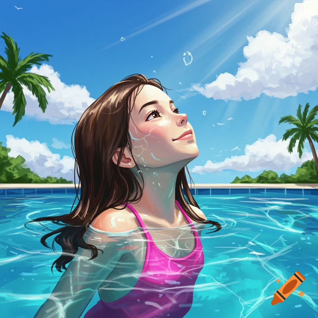 A girl swims in a pool looking up at the sunny sky.