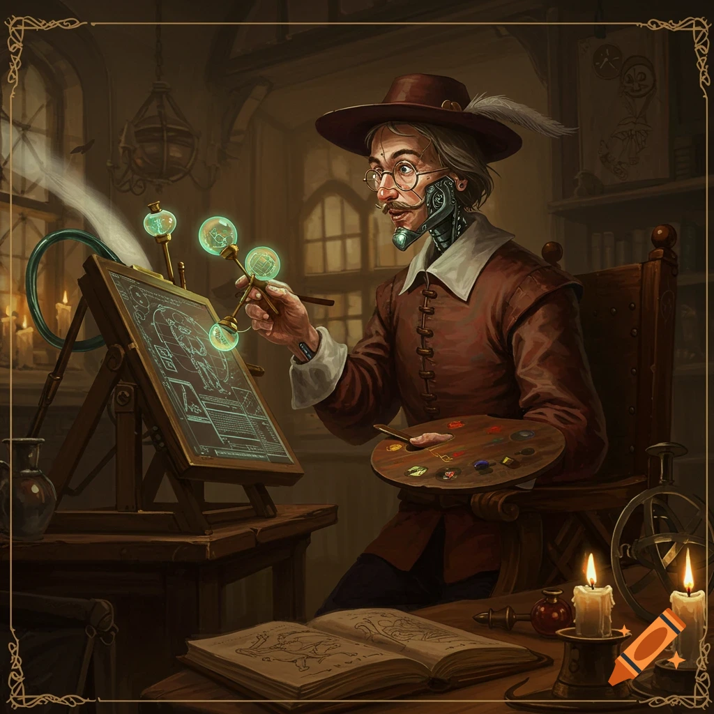 Steampunk historical figure with cyborg face works on glowing apparatus on an easel in a dimly lit room.