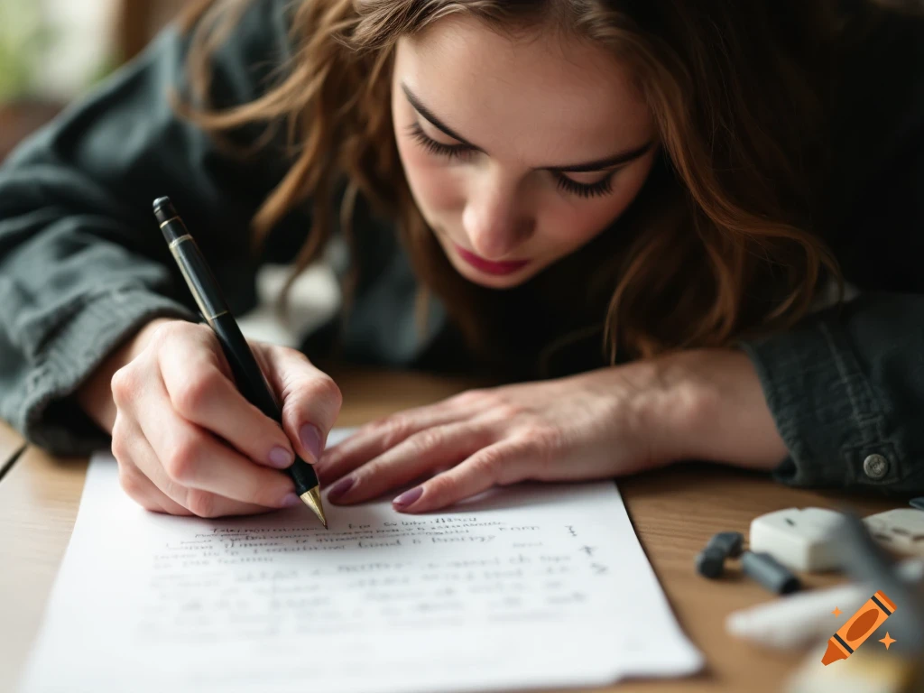 Close up of a woman writing on paper with a pen at a desk.