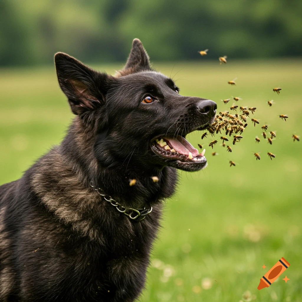 Photorealistic image of a black German Shepherd dog with bees flying out of its open mouth in a grassy field.