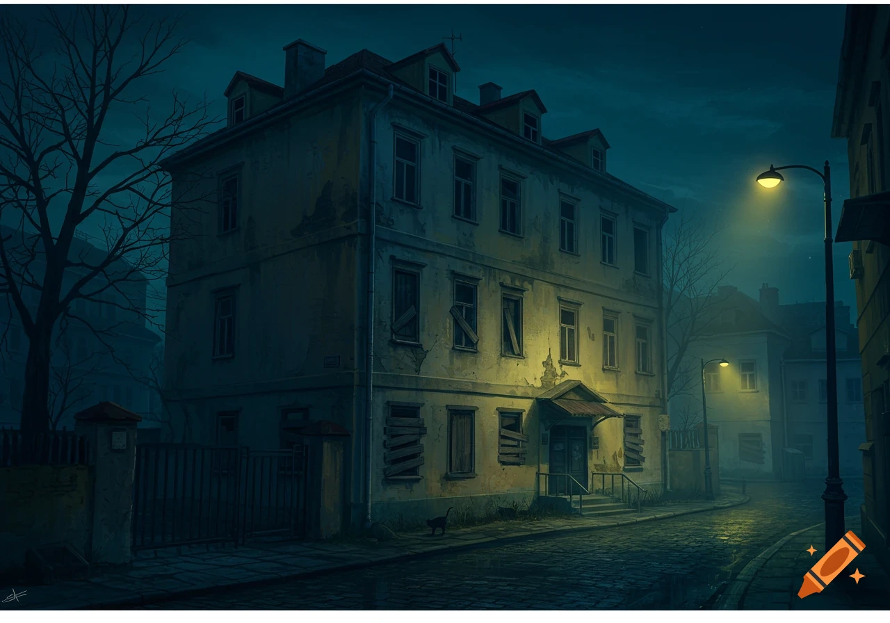 Spooky apartment building on a cobblestone street at night under a streetlamp.