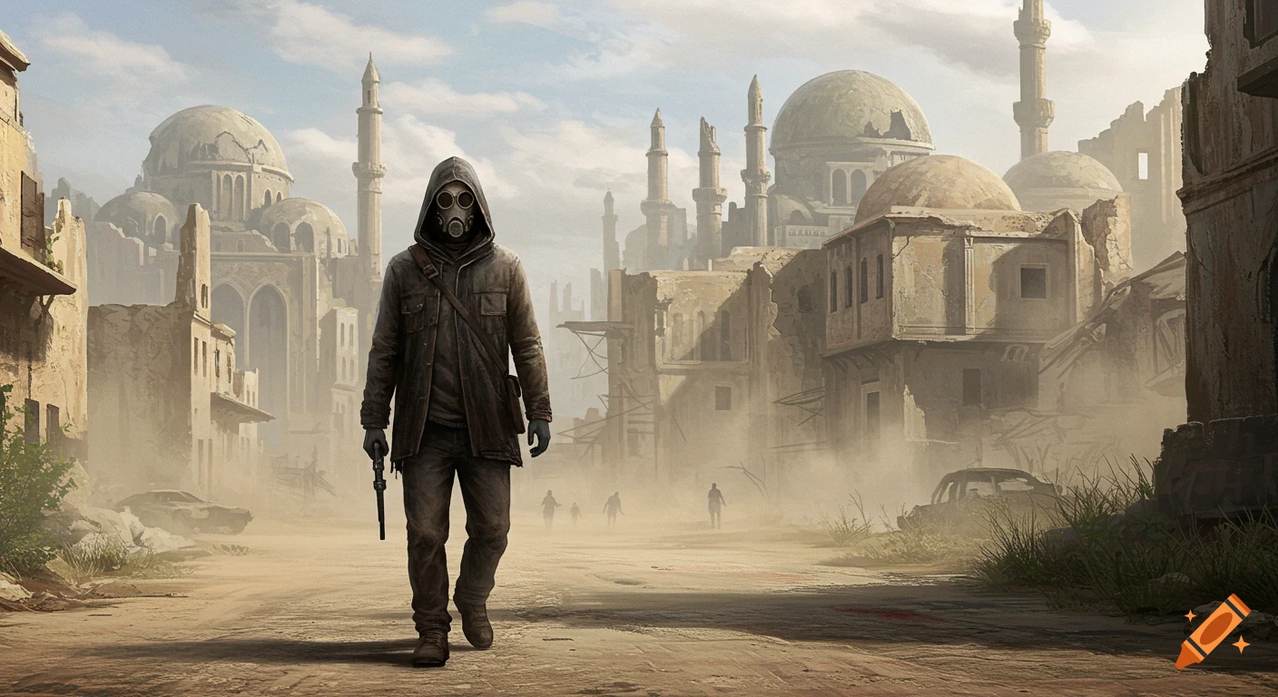 A masked figure walks through the dusty ruins of a city holding a weapon.