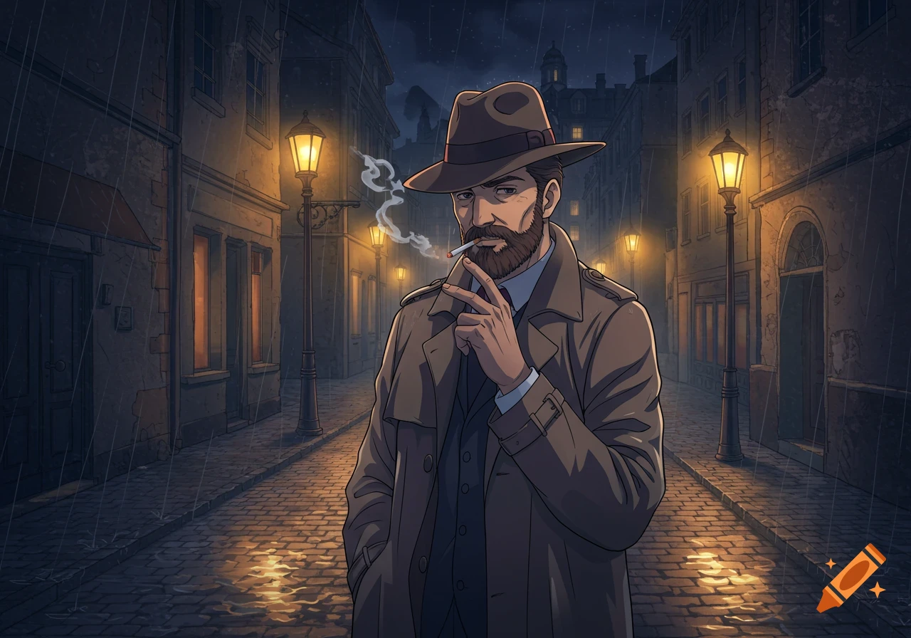 Anime illustration of a detective with a beard smoking a cigarette on a rainy city street at night.