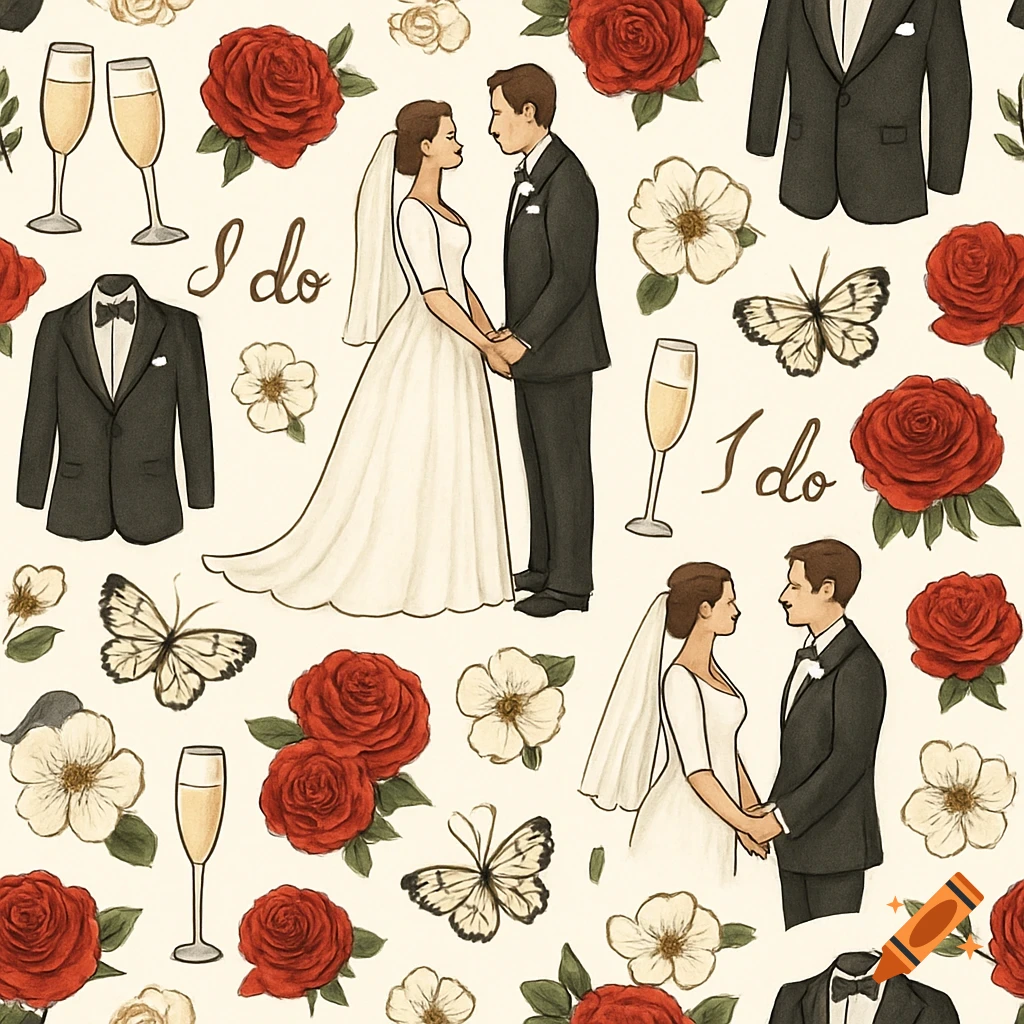 Seamless pattern illustration with wedding elements: bride and groom, "I do" text, flowers, butterflies, champagne, tuxedo, wedding dress.