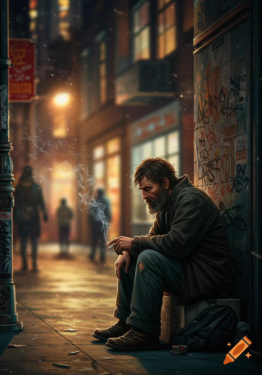 Man sits on a rainy urban street corner smoking, bokeh lights blur in the background.