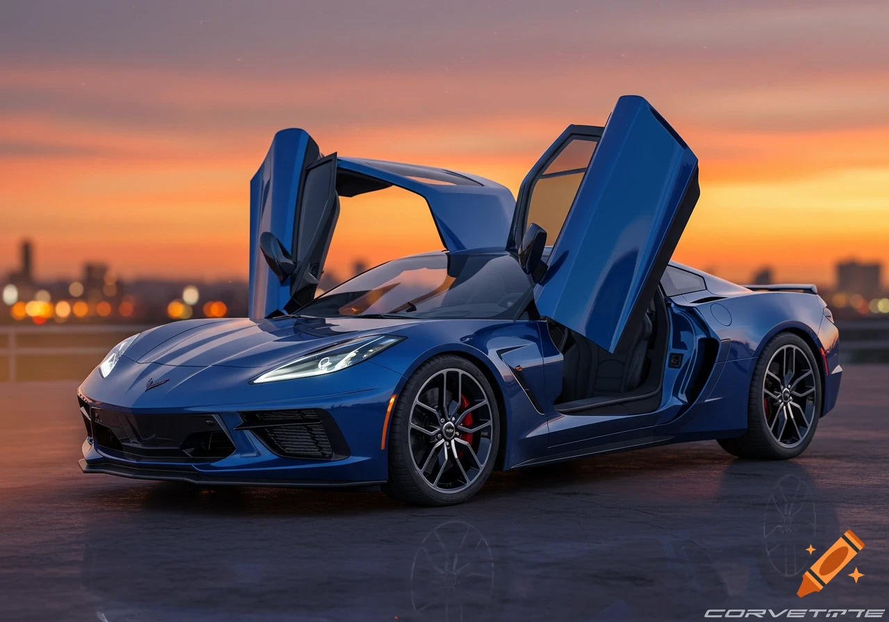 A blue sports car with open gull-wing doors is parked on a surface with a city skyline and sunset in the background.