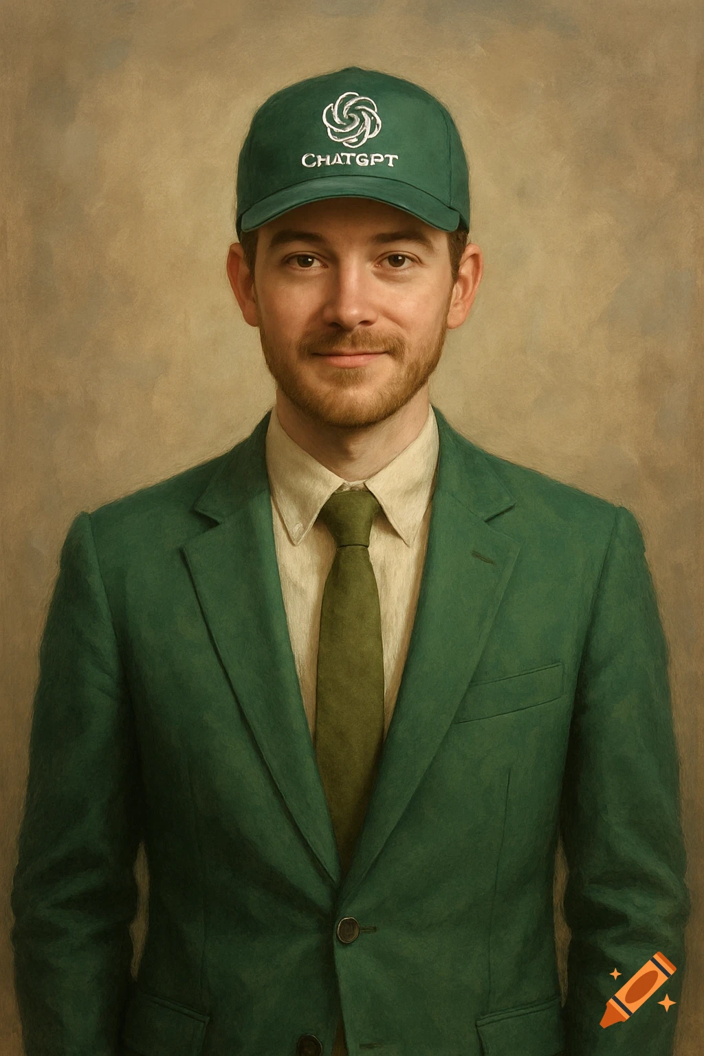 Portrait painting of a man in a green suit and cap with a logo.