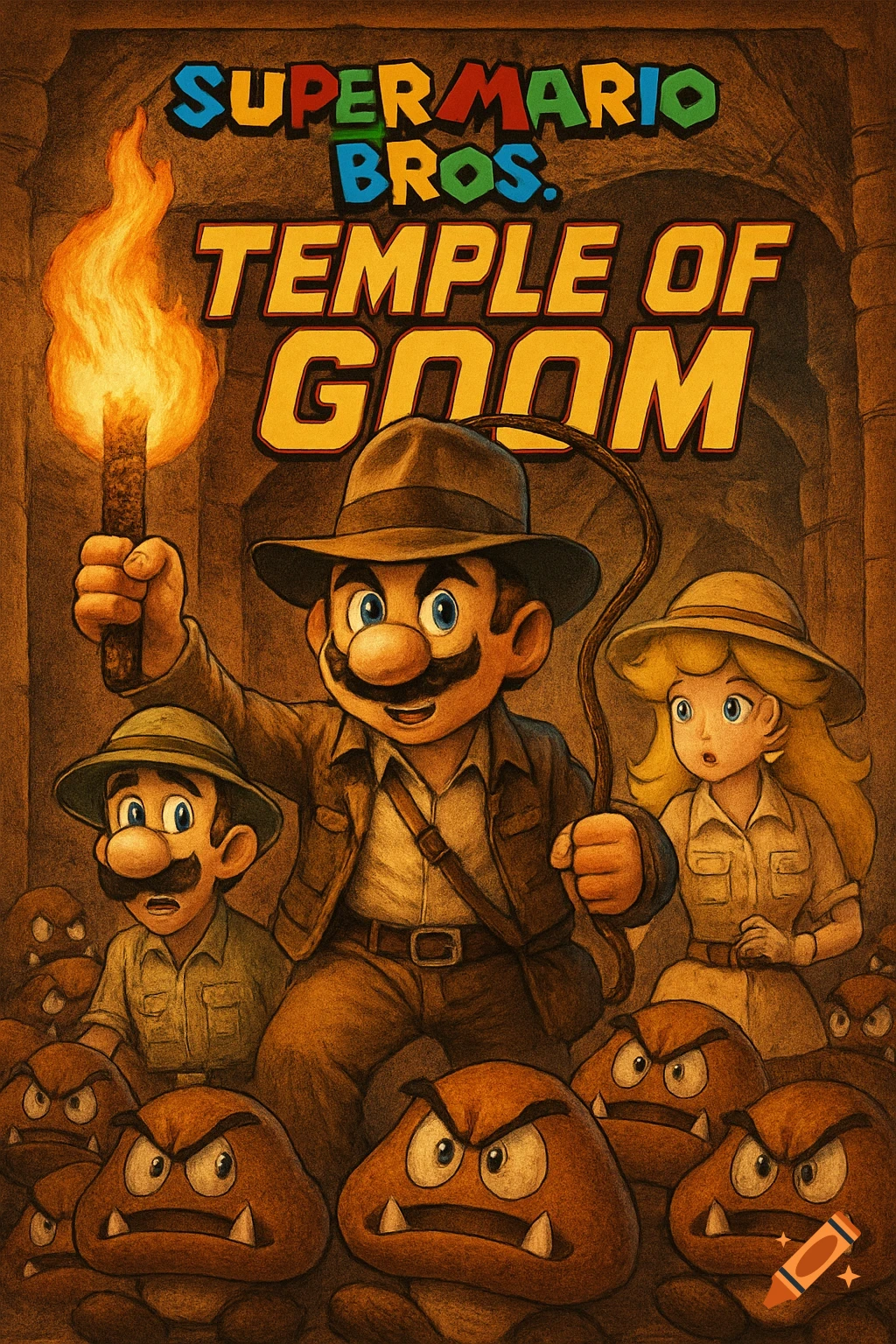 A poster depicting Mario, Luigi, and Peach as adventurers in a temple surrounded by Goombas, with the title "Super Mario Bros. Temple of Goom".
