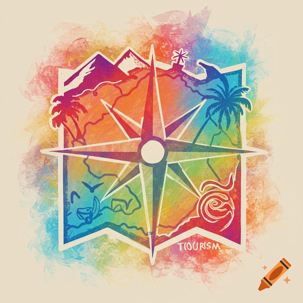 Watercolor graphic of a compass over a map with mountains, trees, birds, and waves.