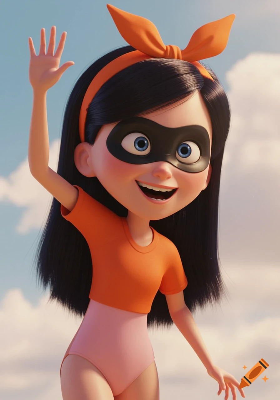 Violet from The Incredibles waving in an orange t-shirt, pink swimsuit, and orange headband, 3D render.
