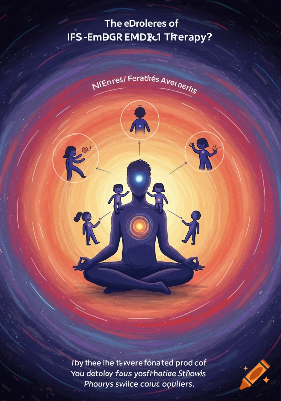 Illustration of a meditating person surrounded by smaller figures in a cosmic setting