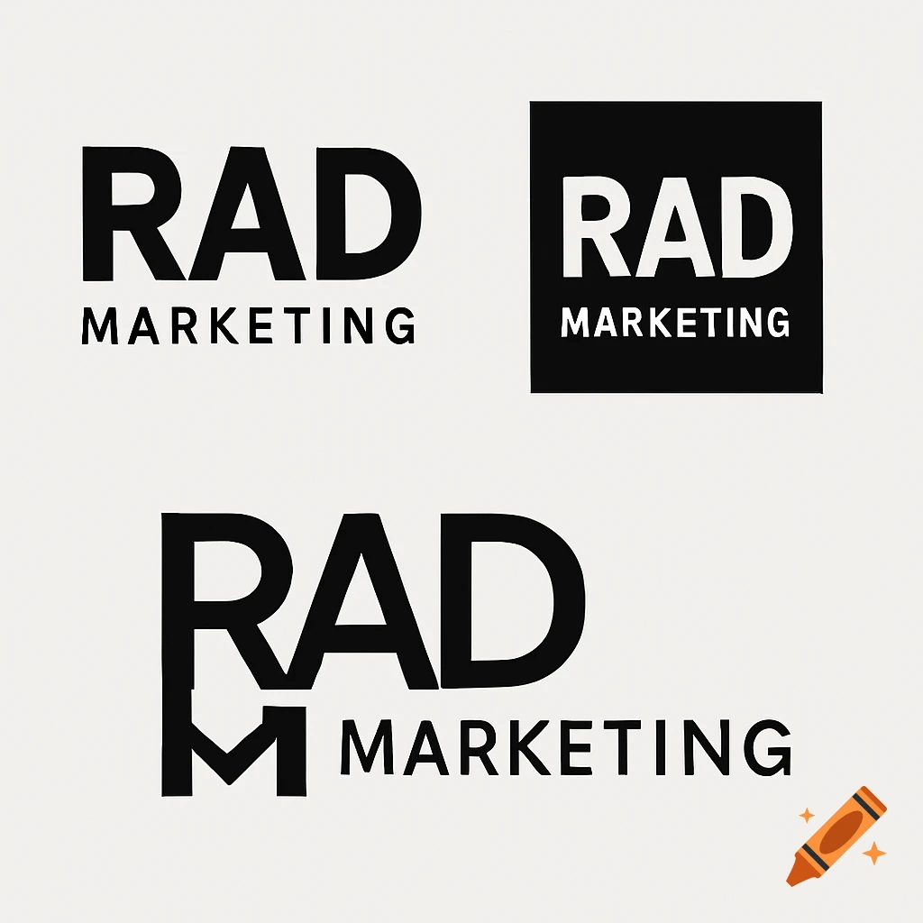 Three black and white logos for RAD MARKETING.
