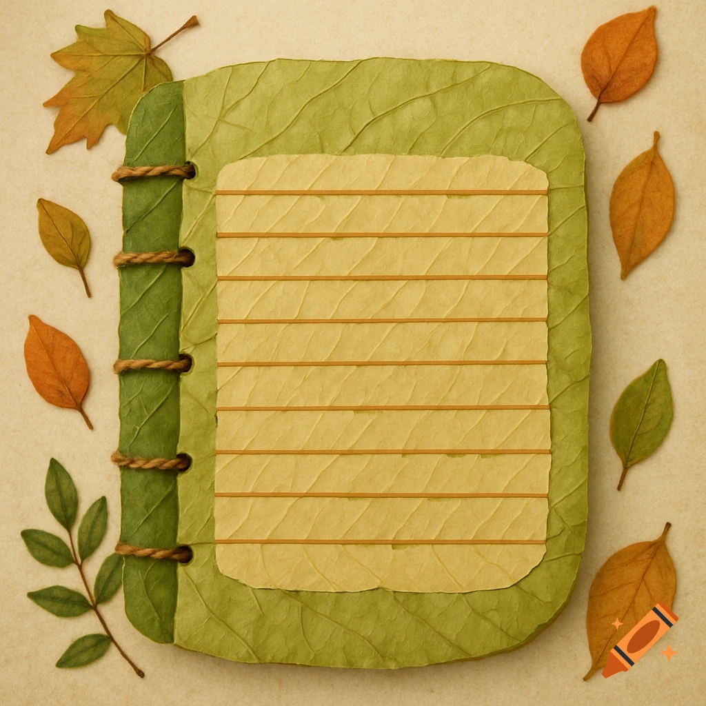 A notebook made of leaves, bound with rope, surrounded by scattered fall leaves.
