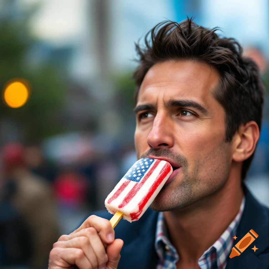 Man biting a patriotic popsicle with US flag design.