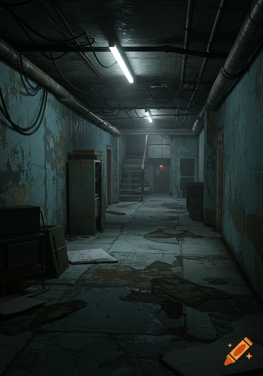 Creepy, abandoned basement corridor with flickering lights and peeling paint.