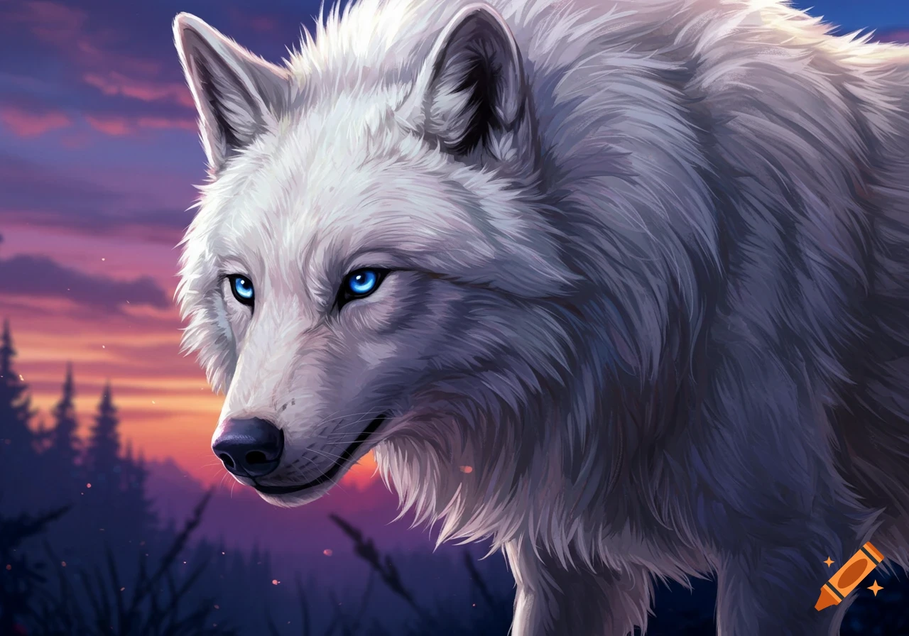 An anime-style illustration of a white wolf with bright blue eyes at dusk.