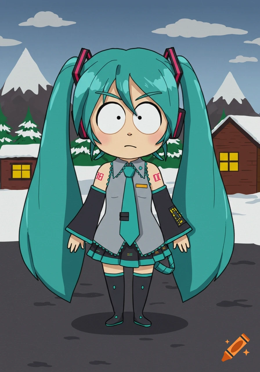 Hatsune Miku drawn in the South Park cartoon style, standing in a snowy landscape.