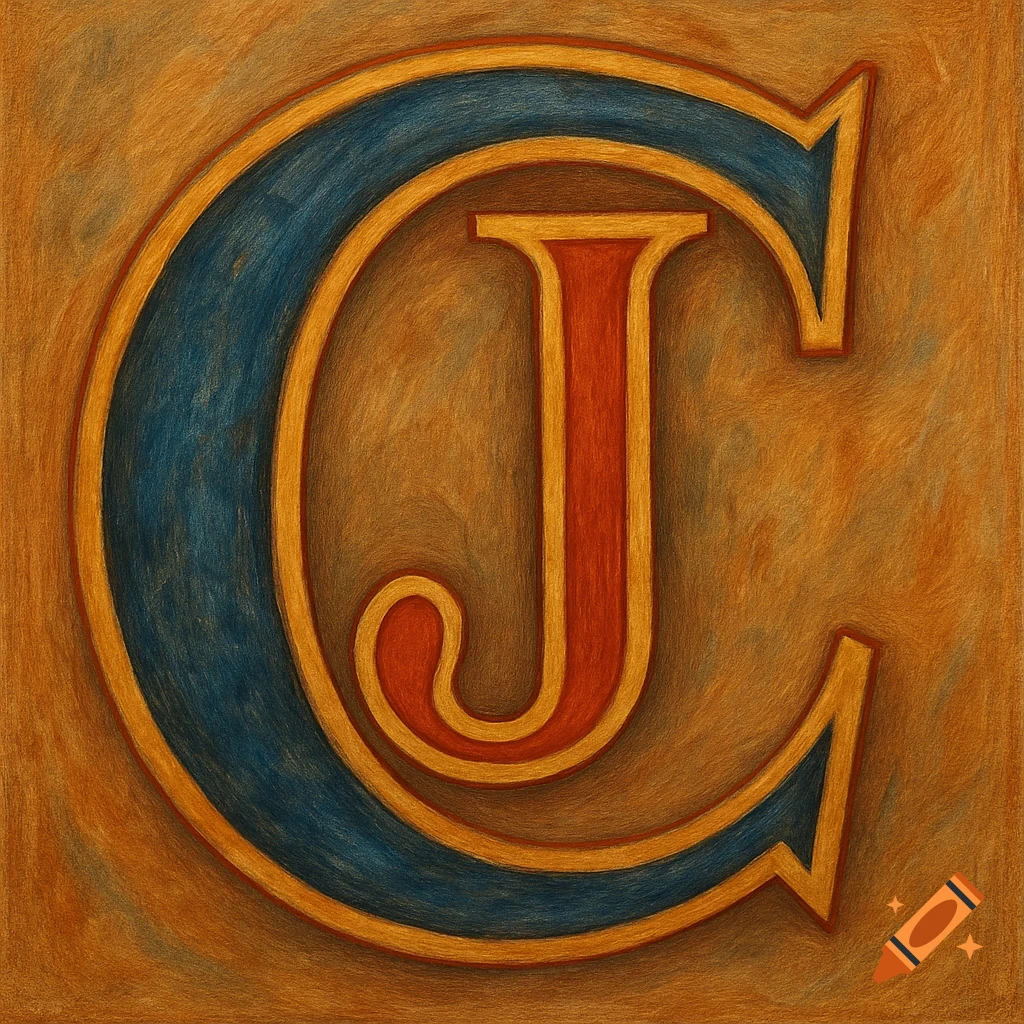 Stylized blue letter C with red J inside, gold outline, textured background.