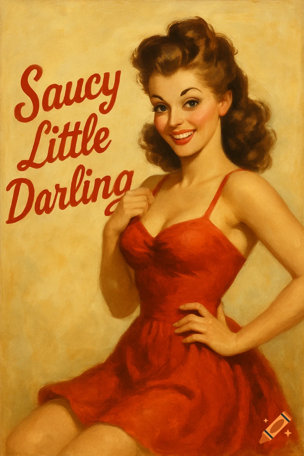 Painting of a pin-up woman in a red dress with text "Saucy Little Darling".
