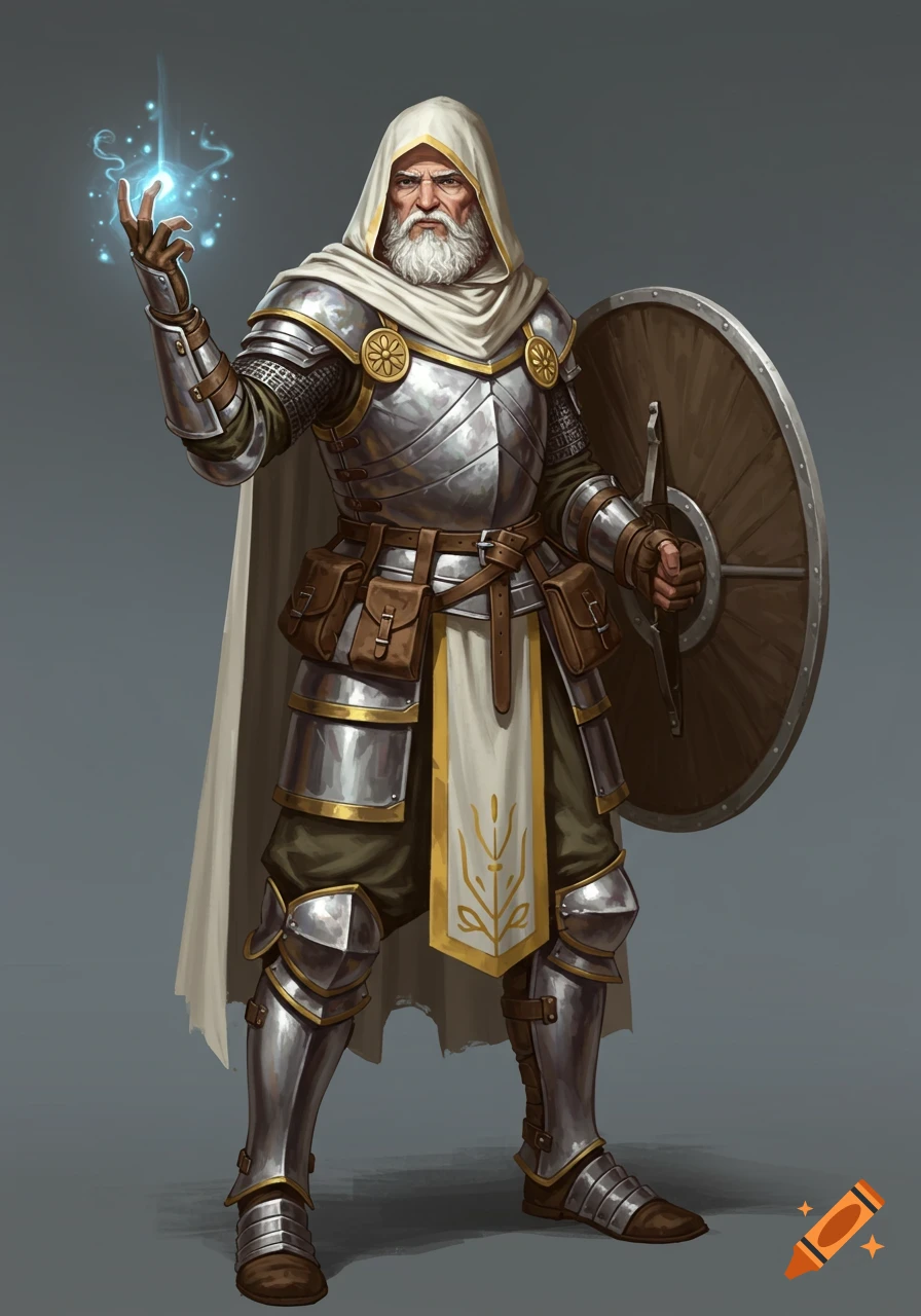 An old bearded cleric in shining armor and a white cloak casts a spell while holding a shield.