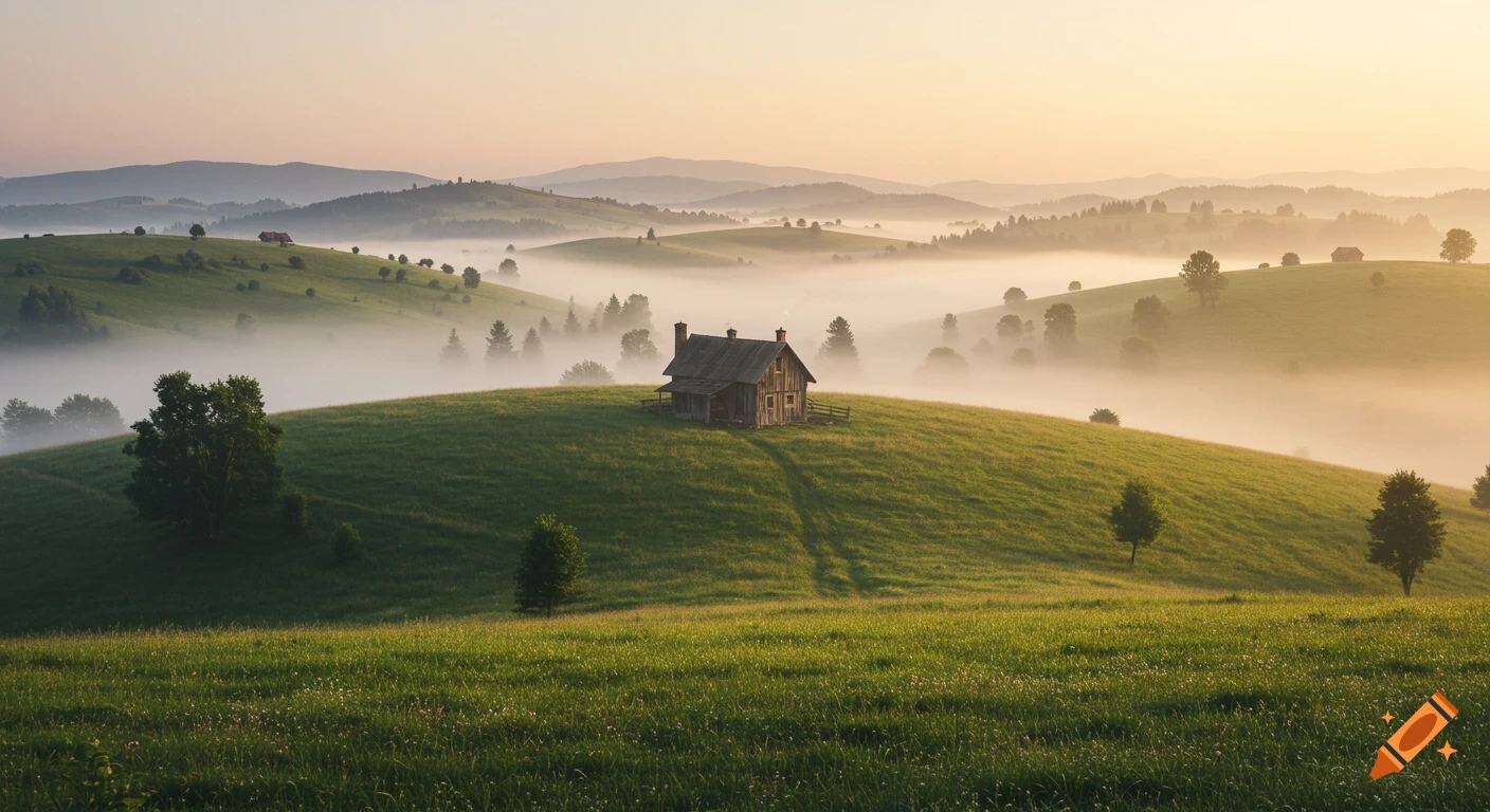 Rustic cottage on a misty hill at sunrise