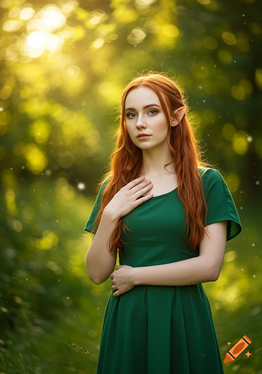 An elf girl with red hair and pointed ears in a green dress stands in a ...