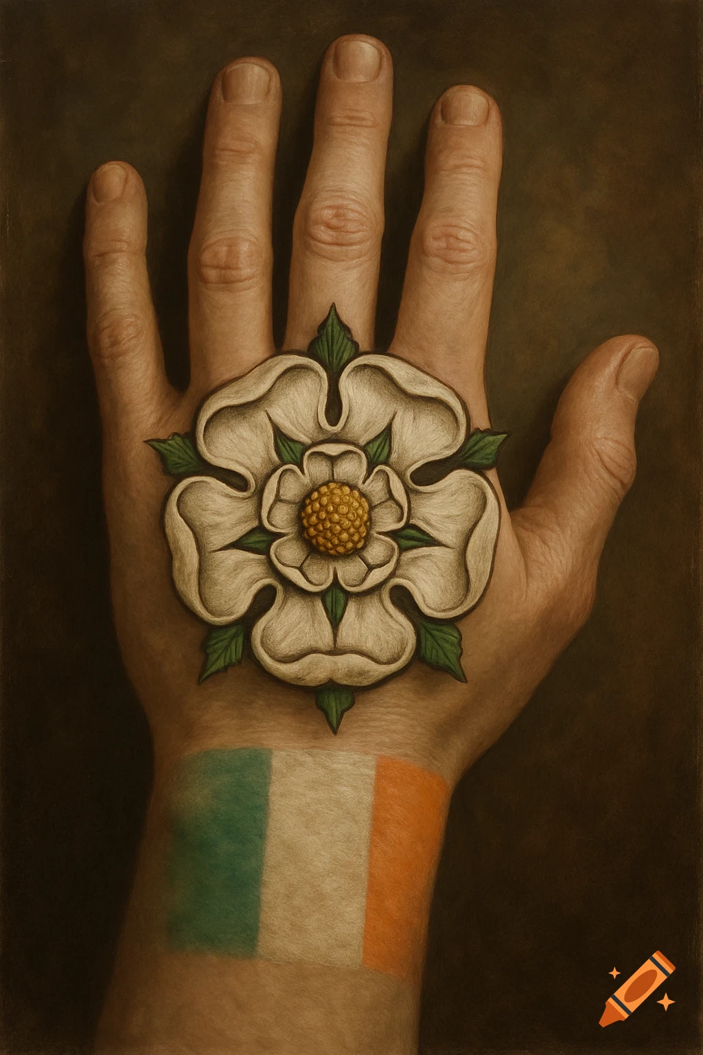 Hand with Yorkshire rose and Irish flag painted on the wrist.