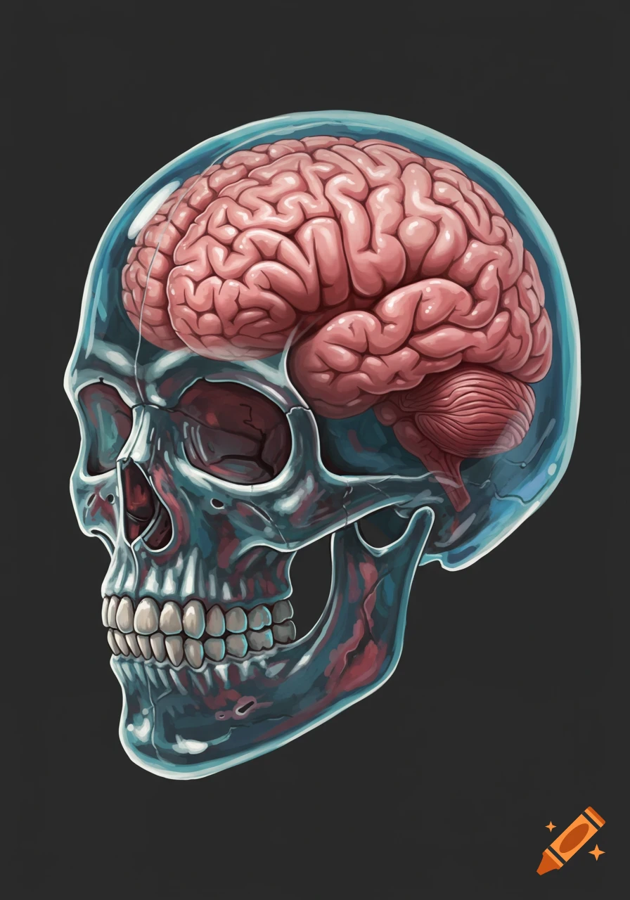 Stylized illustration of a transparent skull with a brain inside