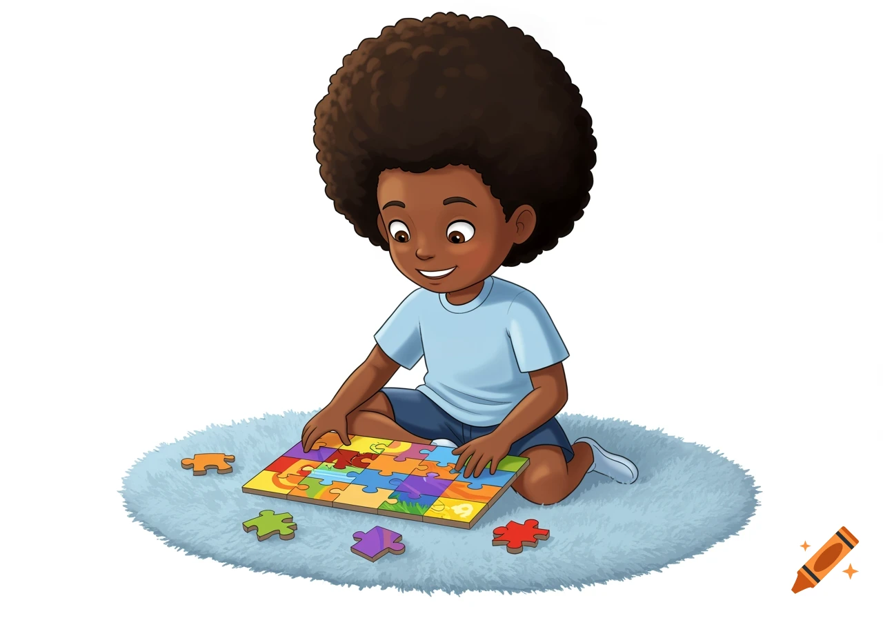 A cartoon boy with an afro sits on a blue rug doing a colorful jigsaw puzzle.