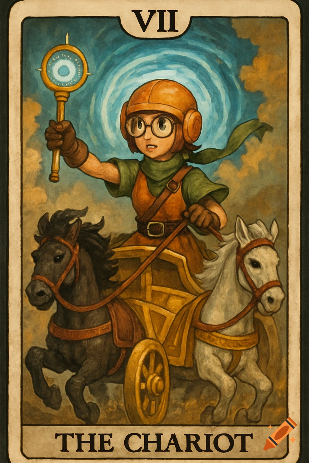 Stylized tarot card illustration of a person driving a chariot pulled by two horses.