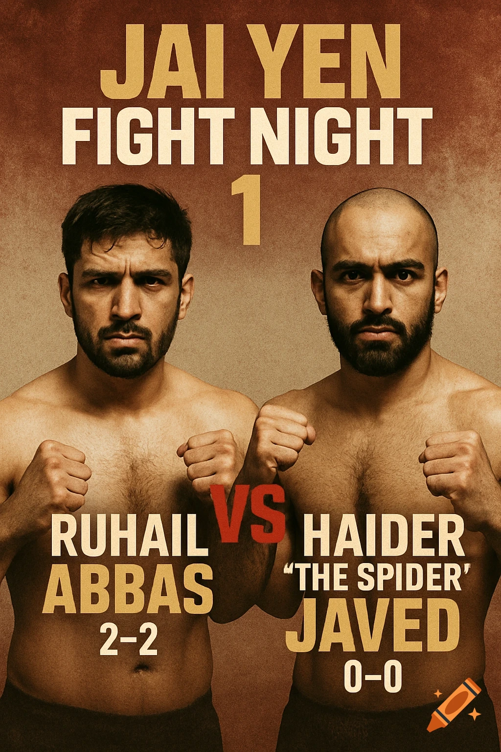 A fight poster featuring two shirtless men with fists raised, with text overlaid listing names, records, and the event title.