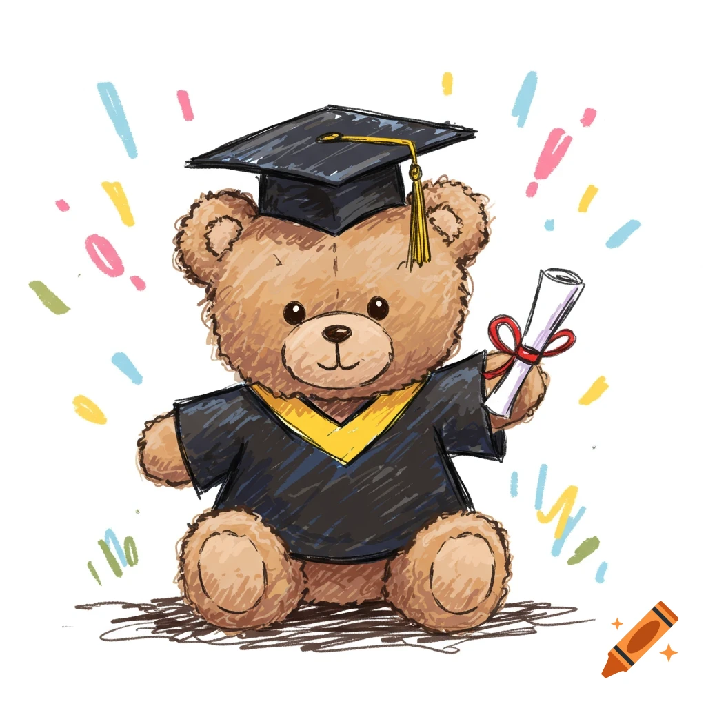 A scribble-style drawing of a teddy bear in a graduation cap and gown, holding a diploma.