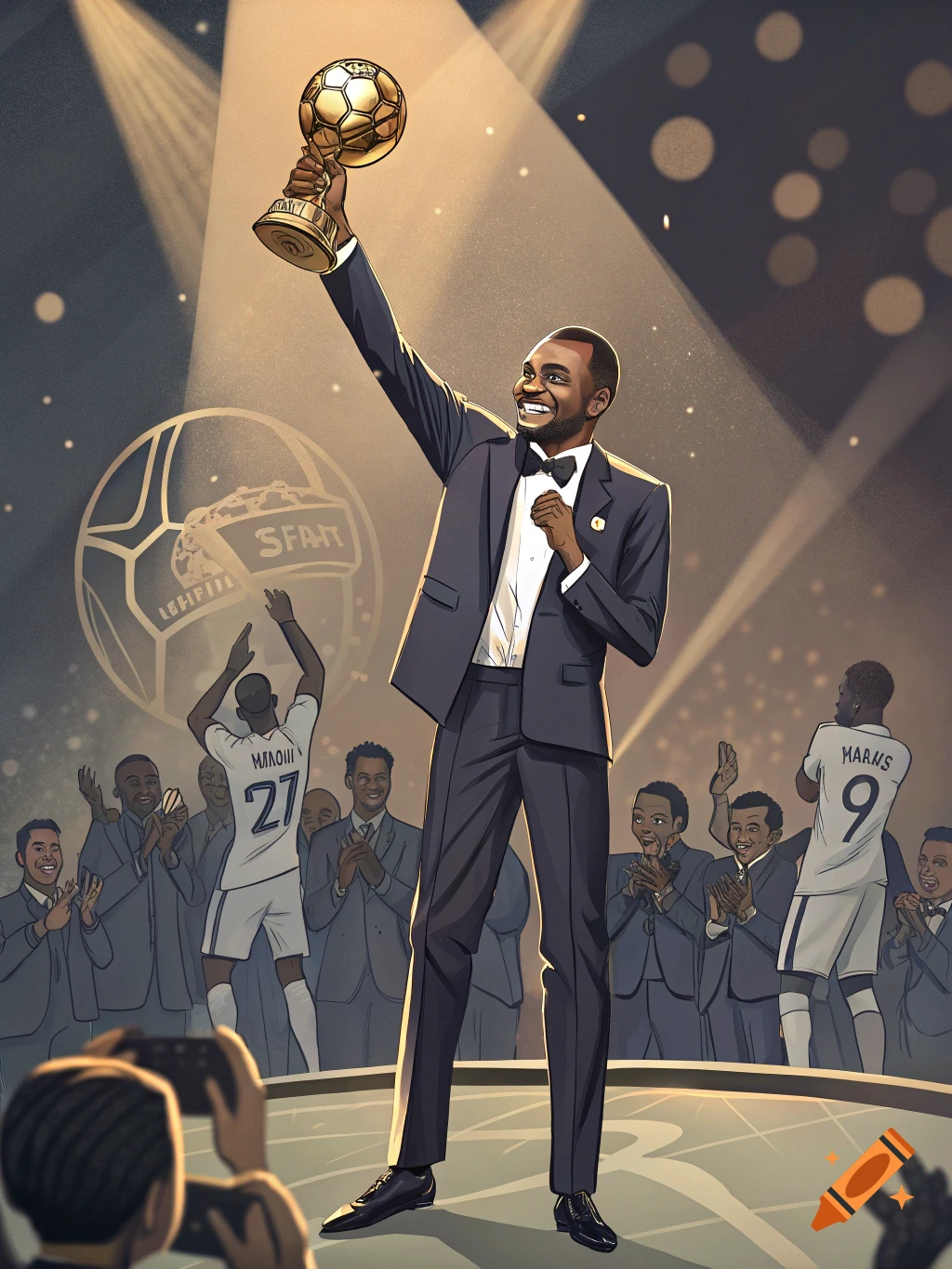 Stylized illustration of a man in a suit holding up a golden trophy on stage.