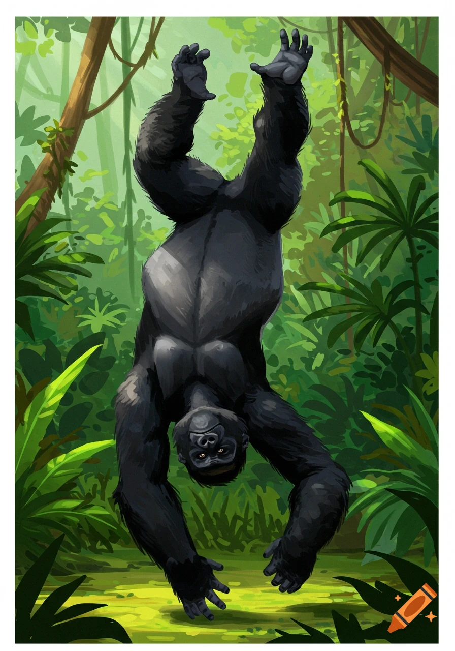 An illustration of a gorilla upside down in a jungle. on Craiyon