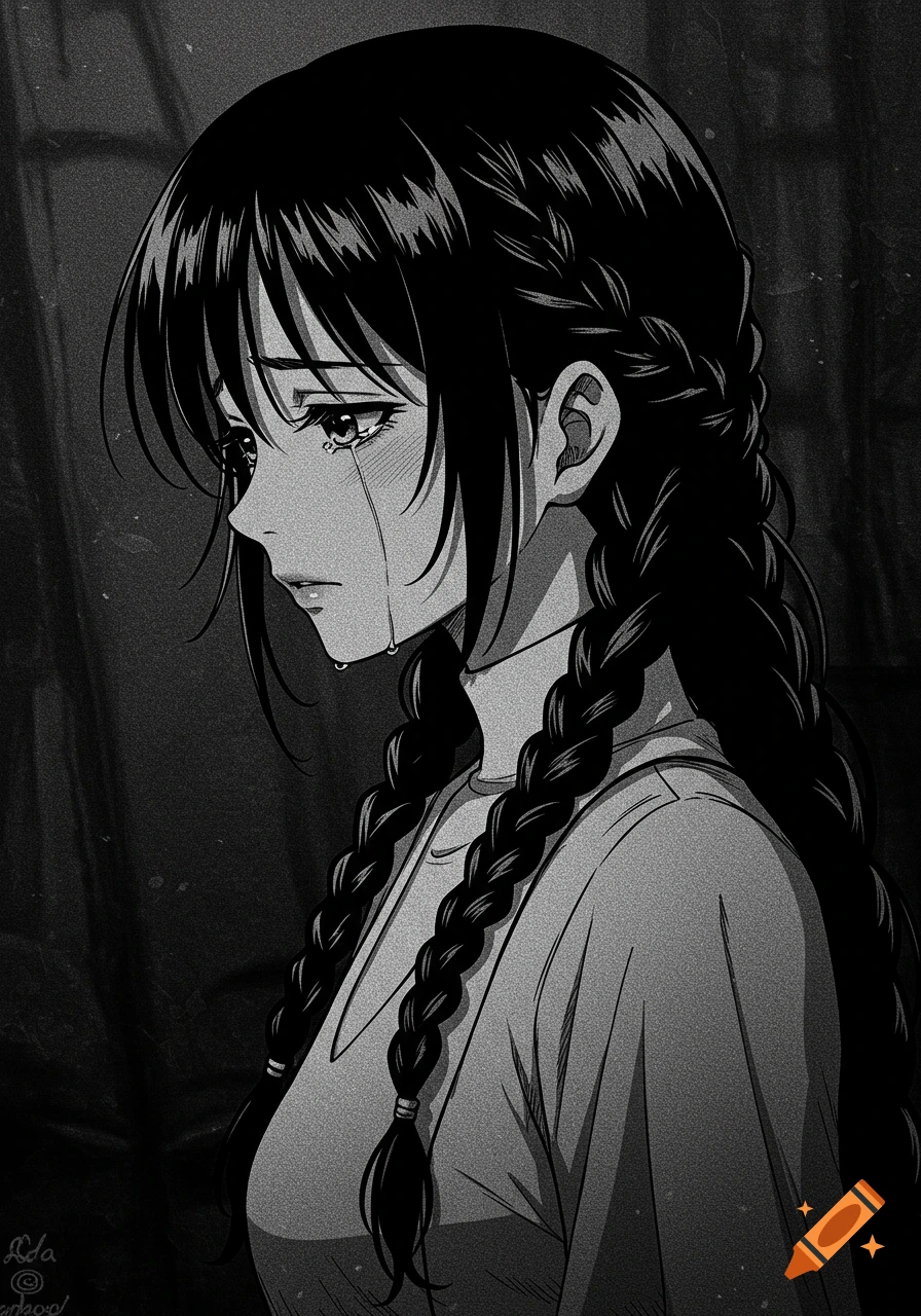 Black and white anime portrait of a woman with long braids crying.
