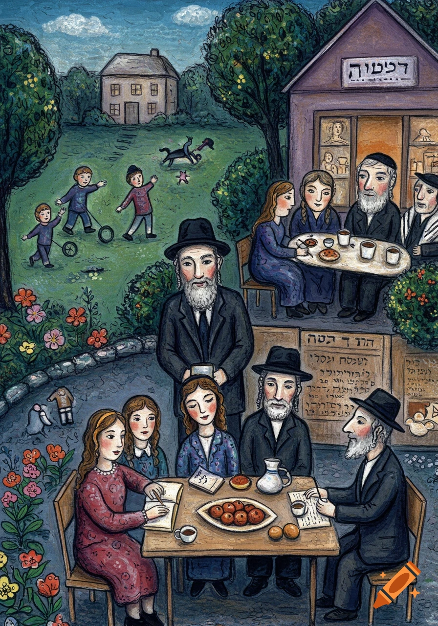 Folk art painting of a Jewish community gathering in a garden, with people of all ages engaging in various activities.