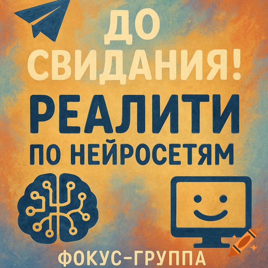 Stylized graphic with Russian text "Goodbye! Reality by Neural Networks Focus Group" and icons of a plane, brain, and computer.