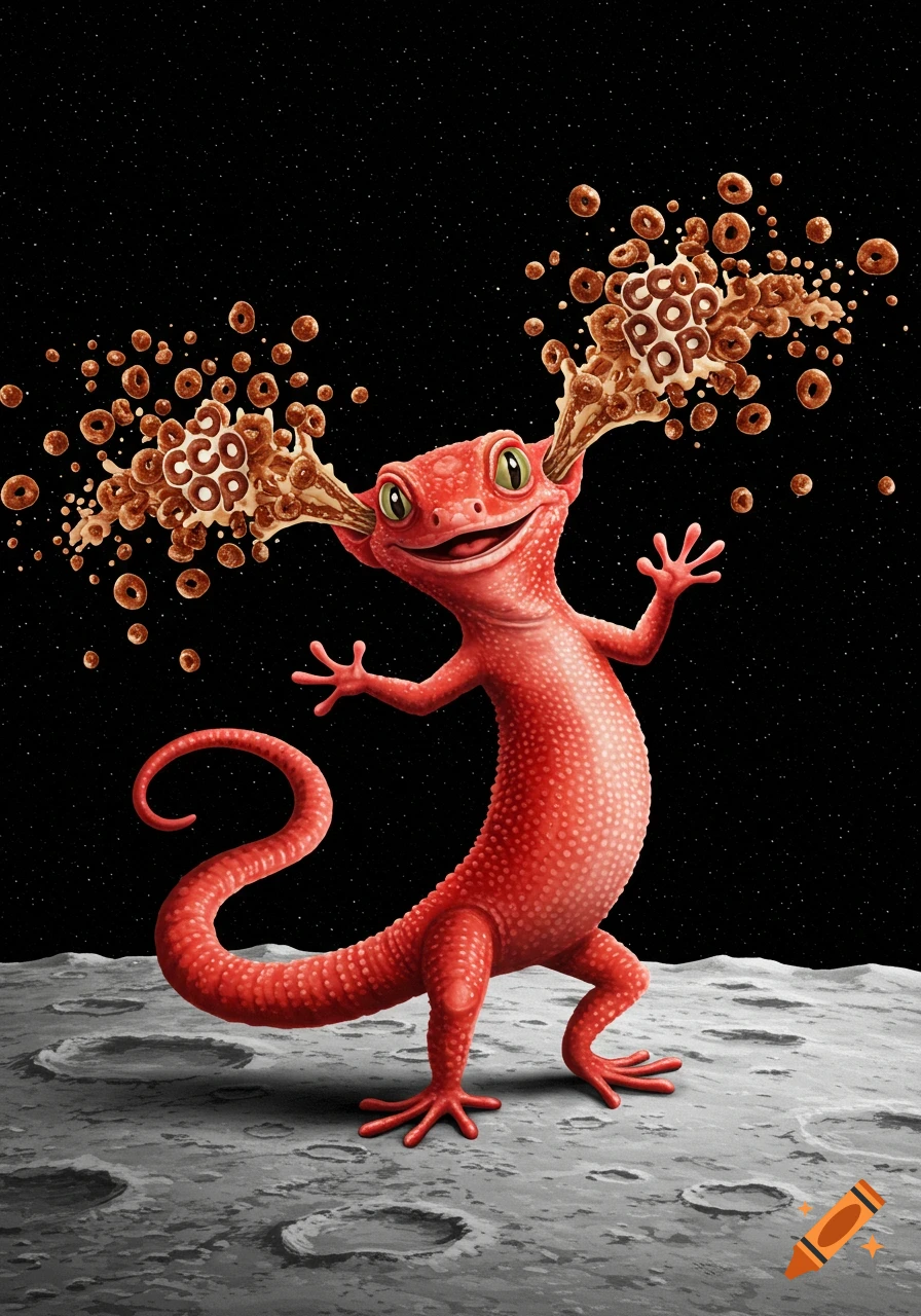 A red lizard dances on the moon with cereal shapes streaming from its ears against a starry black sky.