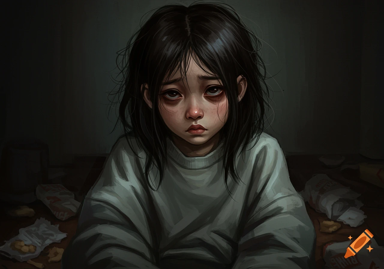 Illustration of a sad girl with messy hair and dark circles under her eyes, sitting in a dark room surrounded by trash.