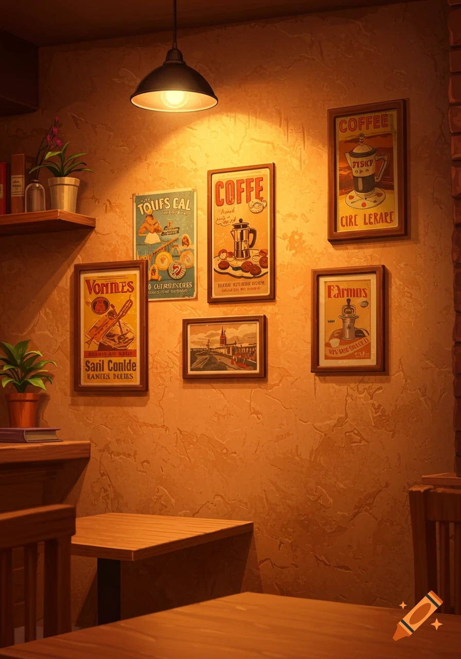 Warm cafe interior with framed vintage posters and wooden furniture.