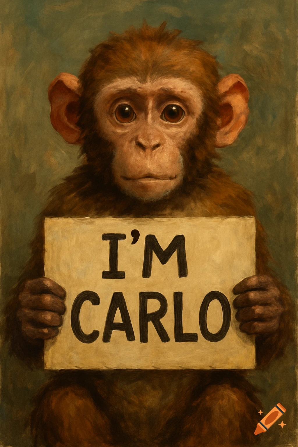 Painting of a monkey holding a sign that says 'I'M CARLO'.