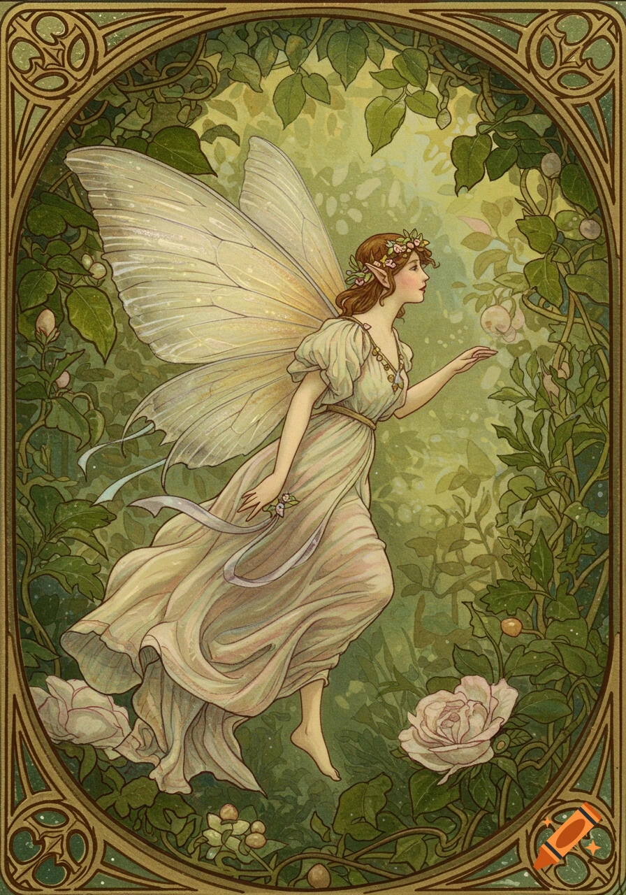 An illustration of a fairy in a forest with an art nouveau border.