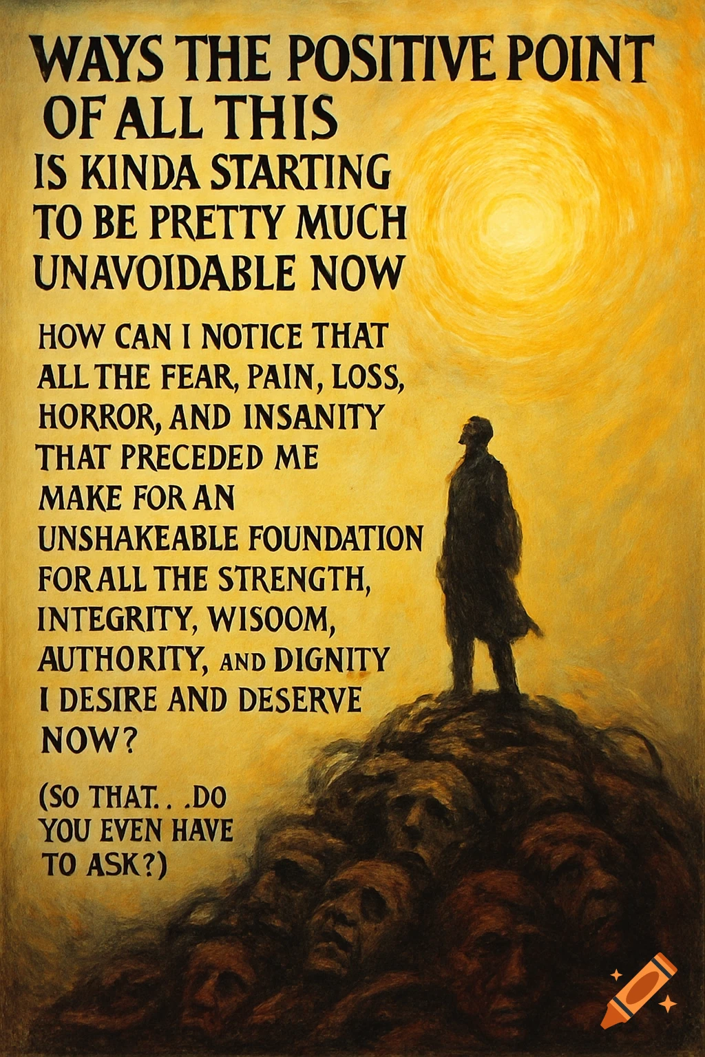 A silhouette of a man stands atop a pile of distorted faces under a swirling sun, with a large quote overlaying the scene.