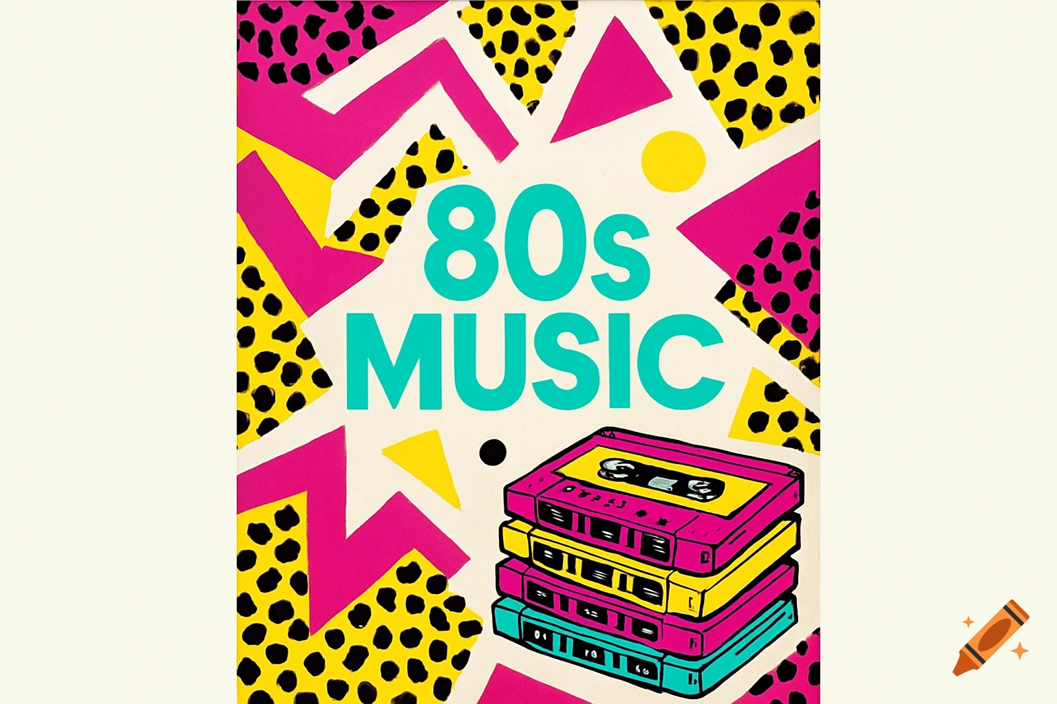 80s style poster with geometric shapes, leopard print, cassette tapes, and '80s MUSIC' text.