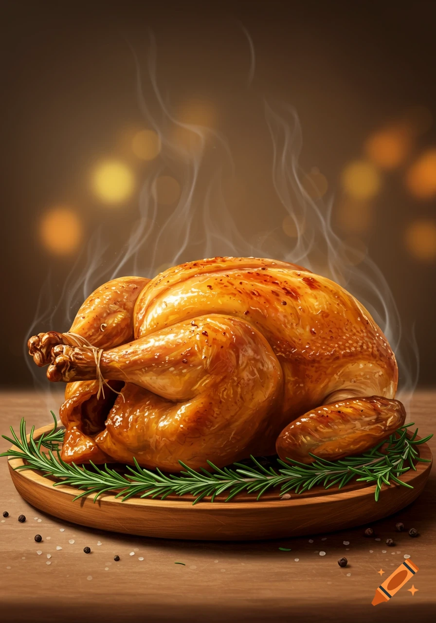 Roasted chicken on a wooden platter with rosemary, steam rising