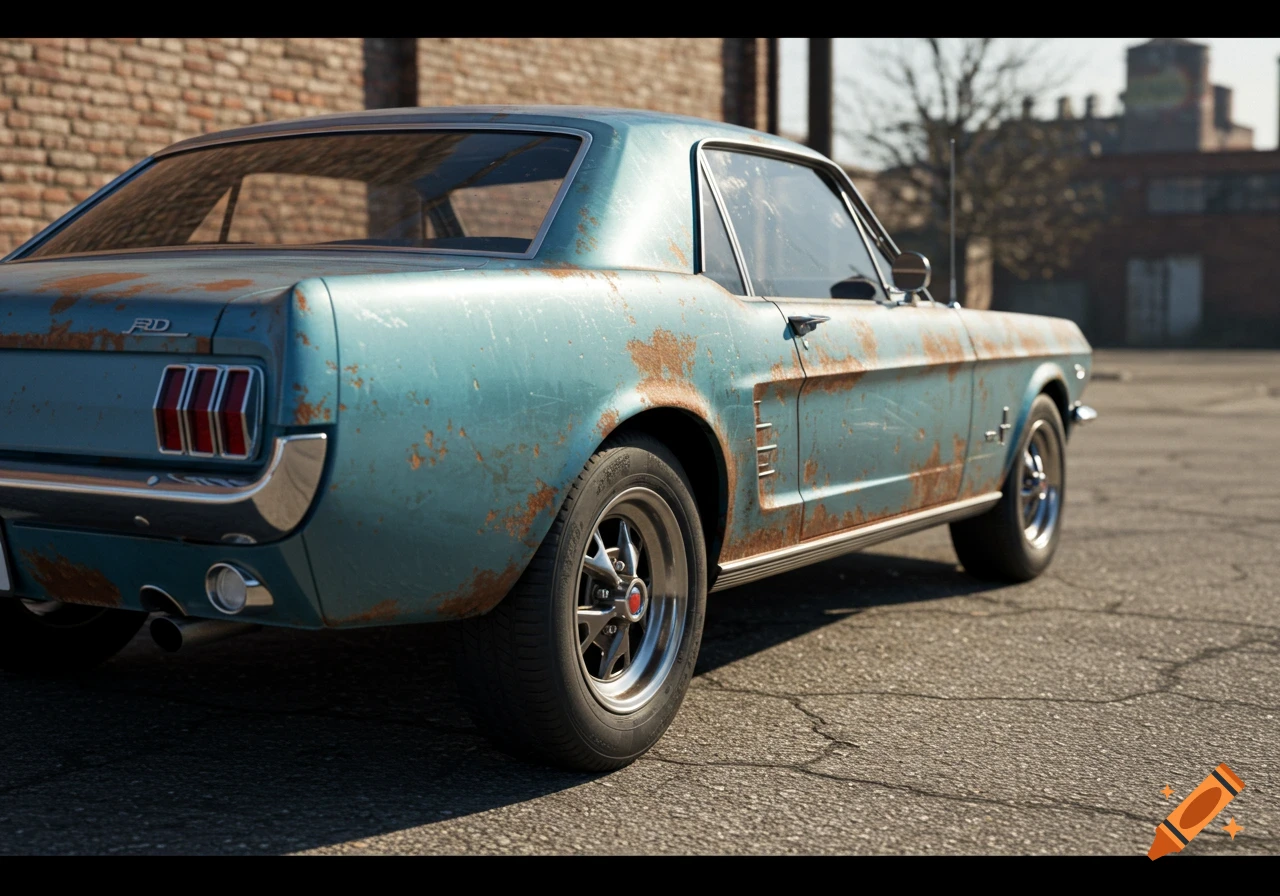 Photorealistic image of a rusty teal classic car parked outdoors.