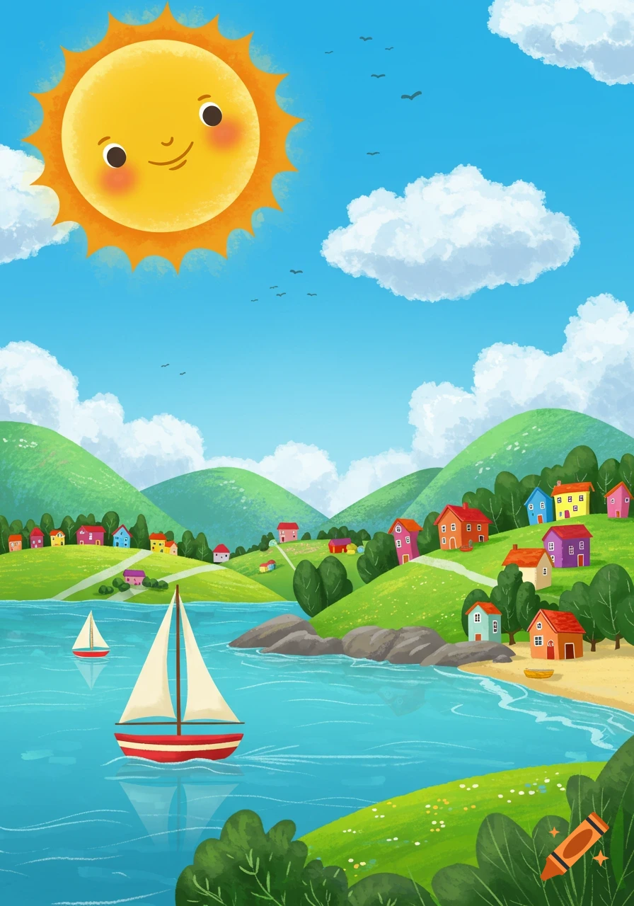 Bright illustration of a sunny landscape with colorful houses, hills, lake, and sailboats.