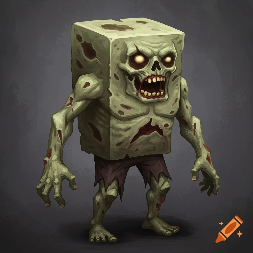 Stylized image of a blocky zombie with glowing eyes and tattered clothes