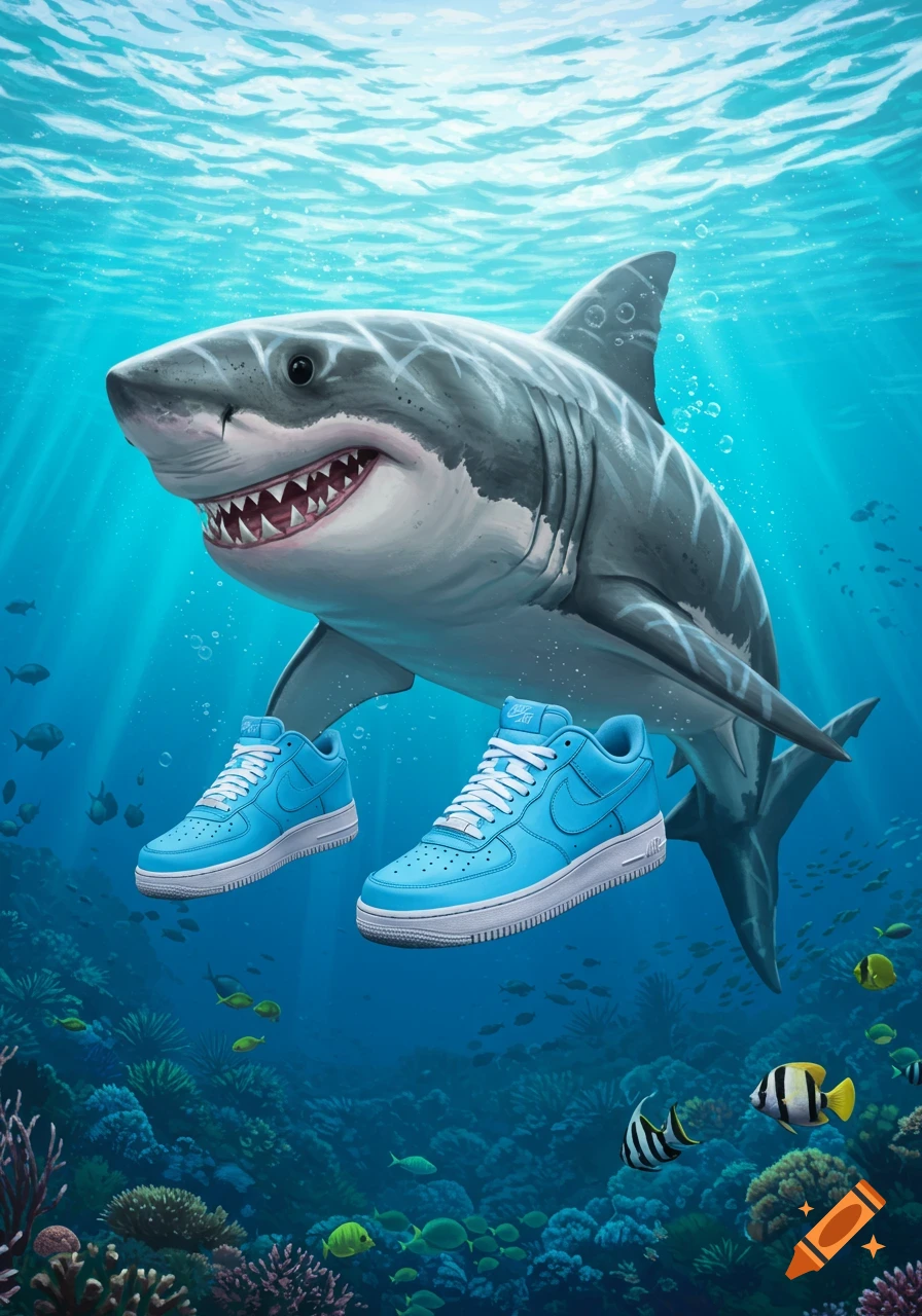 An illustration of a shark wearing blue sneakers swimming underwater.
